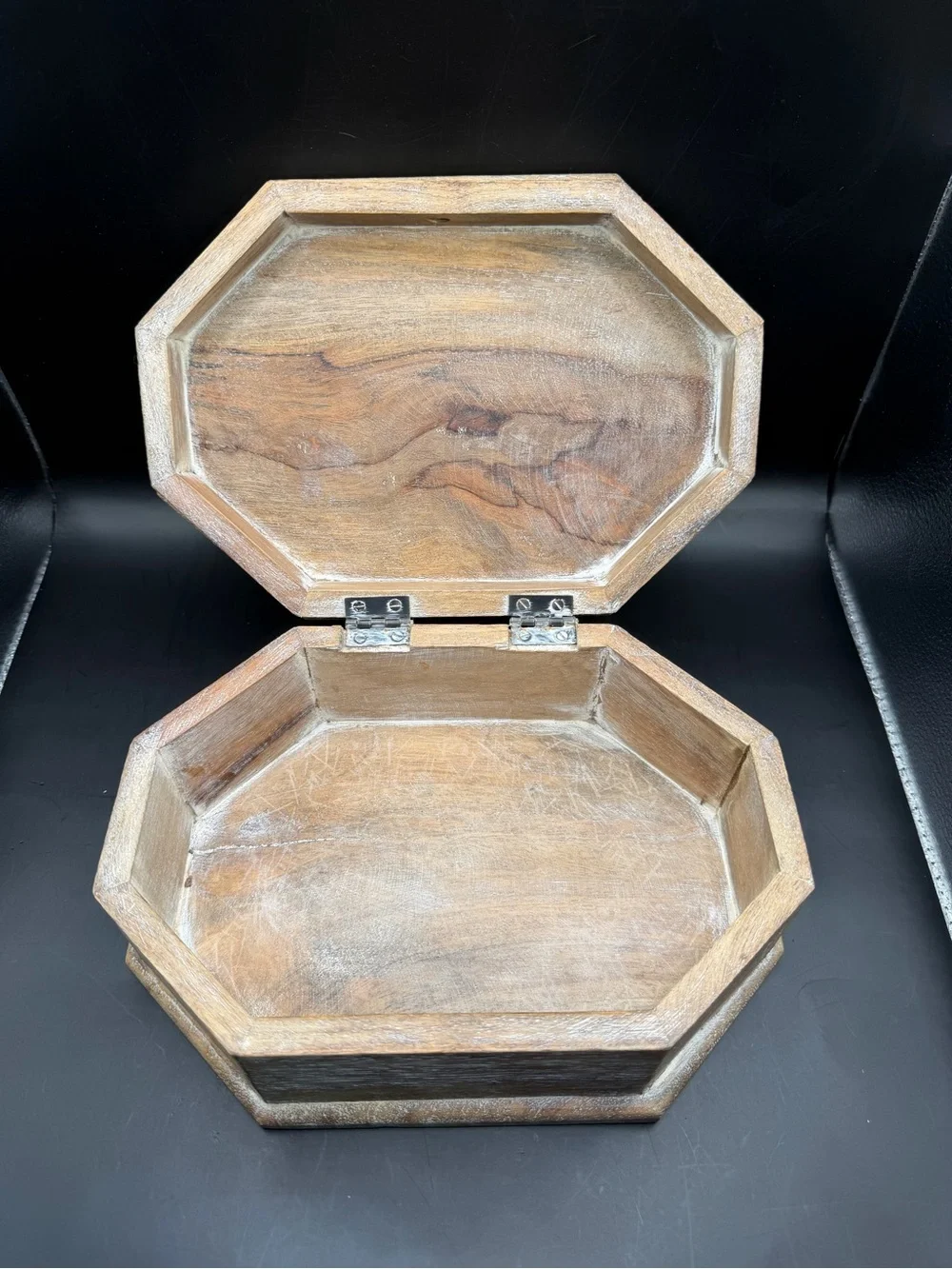 Vintage Hand Carved Wooden Octagon Keepsake Jewelry Box Rustic Decor